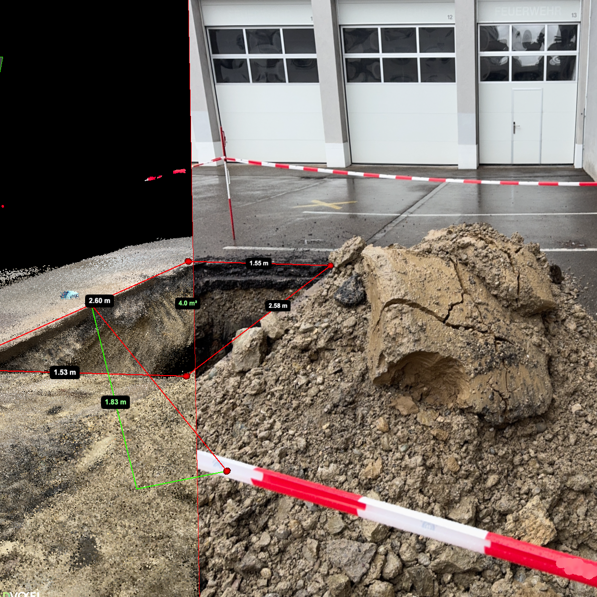 3D point cloud road construction showcase with distance measurements and embedded 2D images in the point cloud, scanned with MAVO 3D a LiDAR based 3D reality capture solution for iPhone Pro and iPad Pro