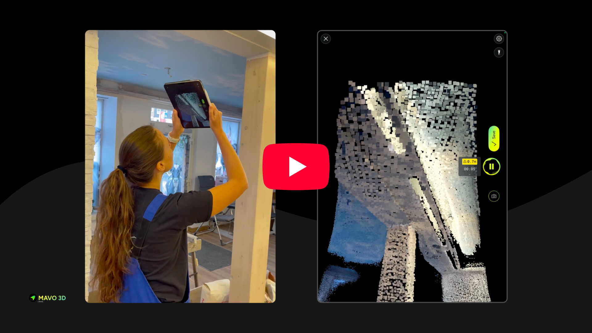 Video thumbnail showing a LiDAR 3D scanning demonstration: a craftsman holds a iPad Pro to scan a room under renovation (left), alongside the resulting point cloud visualization in the app (right). Play button overlay indicates a link to the YouTube video.