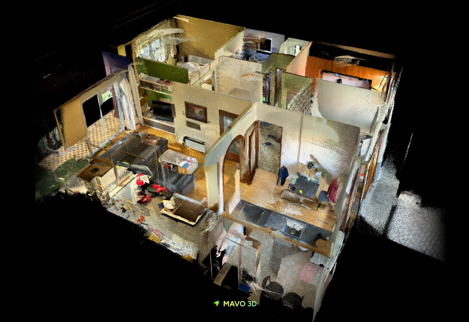 Point cloud scan of a multi-room house interior captured with MAVO 3D, showing furnished rooms including a bed, seating area, and open doorways between spaces.