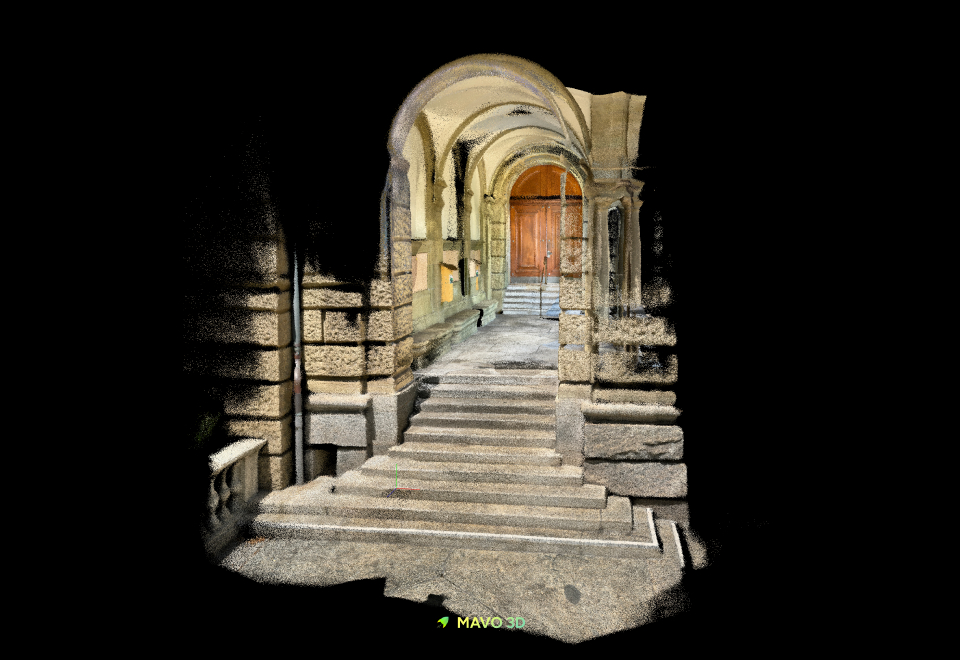 Point cloud scan of a arched portico captured with MAVO 3D, showiing a corridor leading toward a doorway.