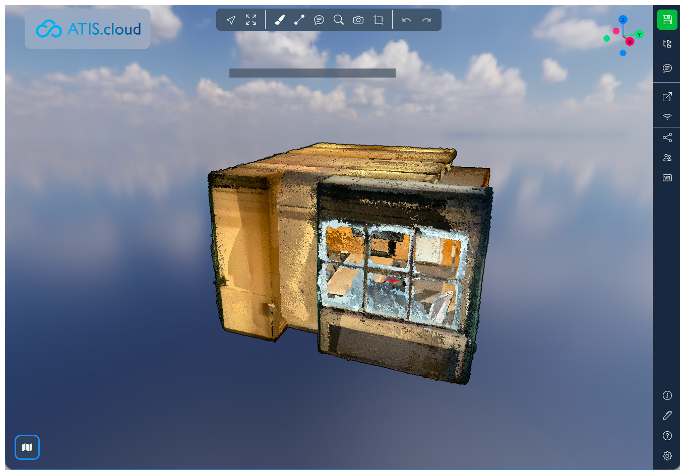 ATIS.cloud 3D viewer displaying an interactive point cloud scan of a room, ready to share and collaborate