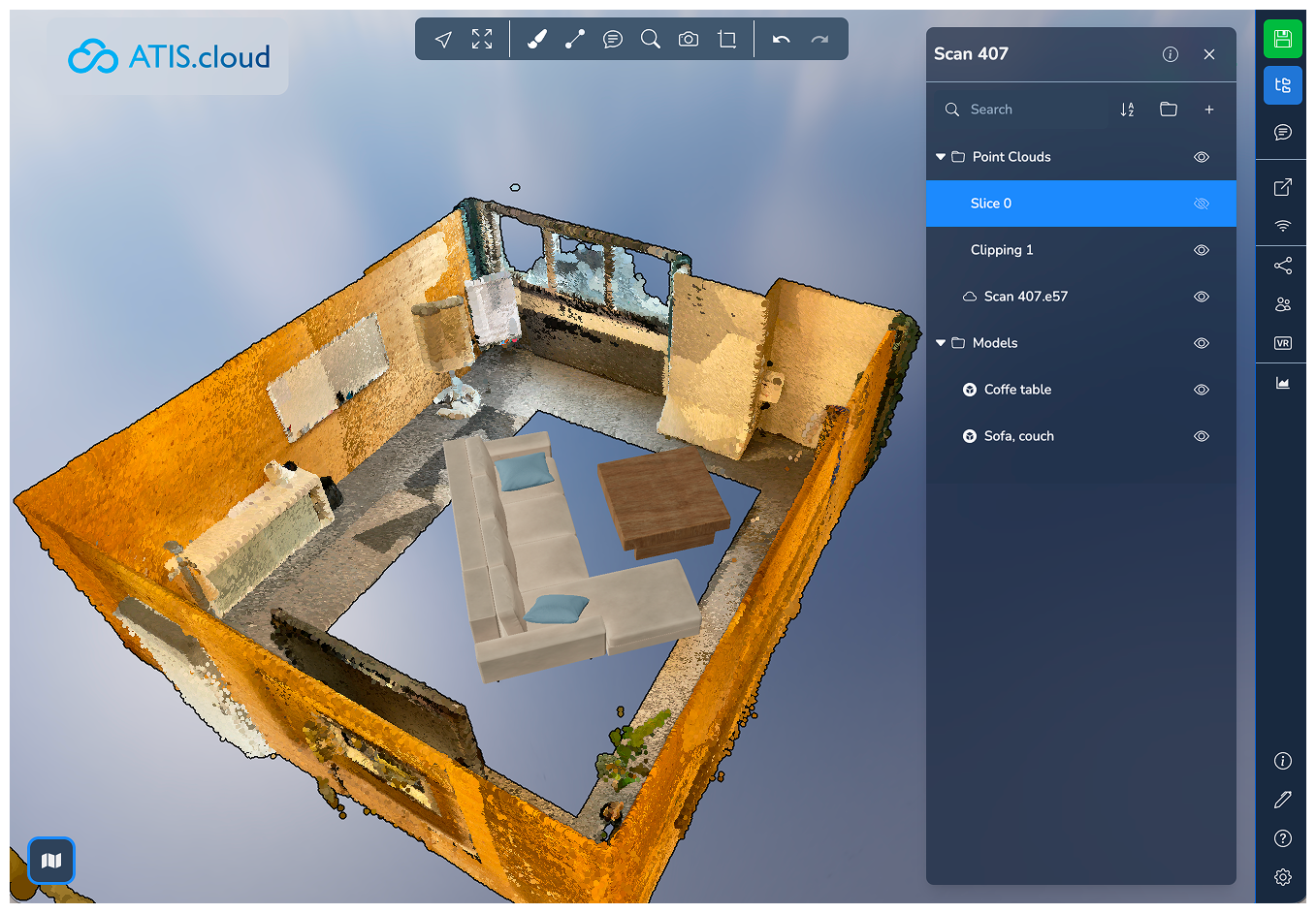 ATIS.cloud 3D viewer showing a sofa and coffee table 3D models positioned inside a room point cloud scan for a refurbishment proposal
