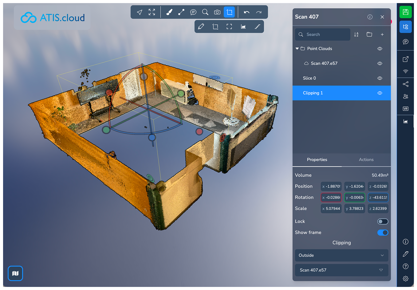 ATIS.cloud 3D viewer showing a top-down view of a room point cloud with a clipping box isolating and removing central furniture