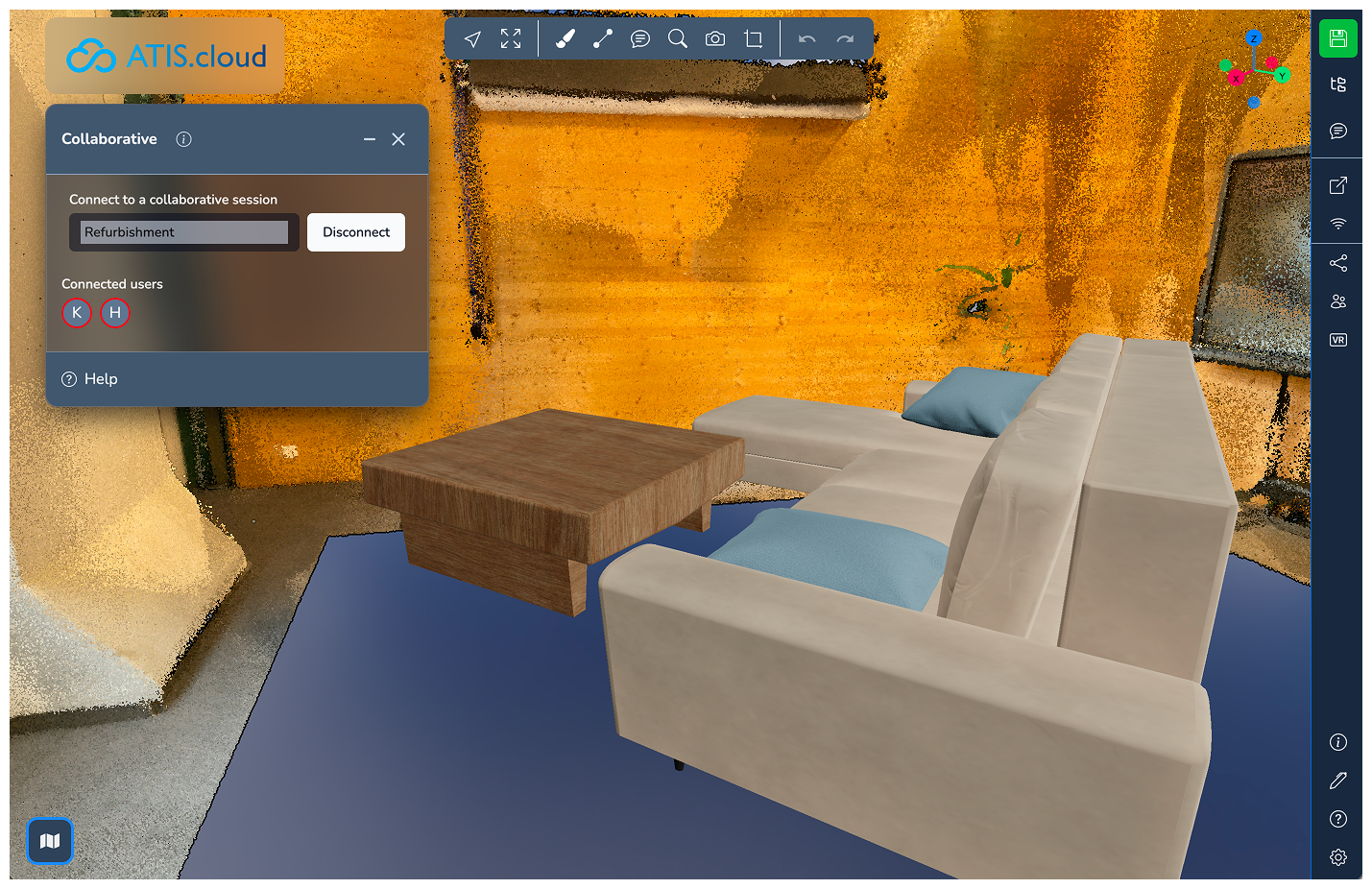 ATIS.cloud collaborative session panel showing two connected users reviewing a 3D point cloud room scan with furniture models in real time