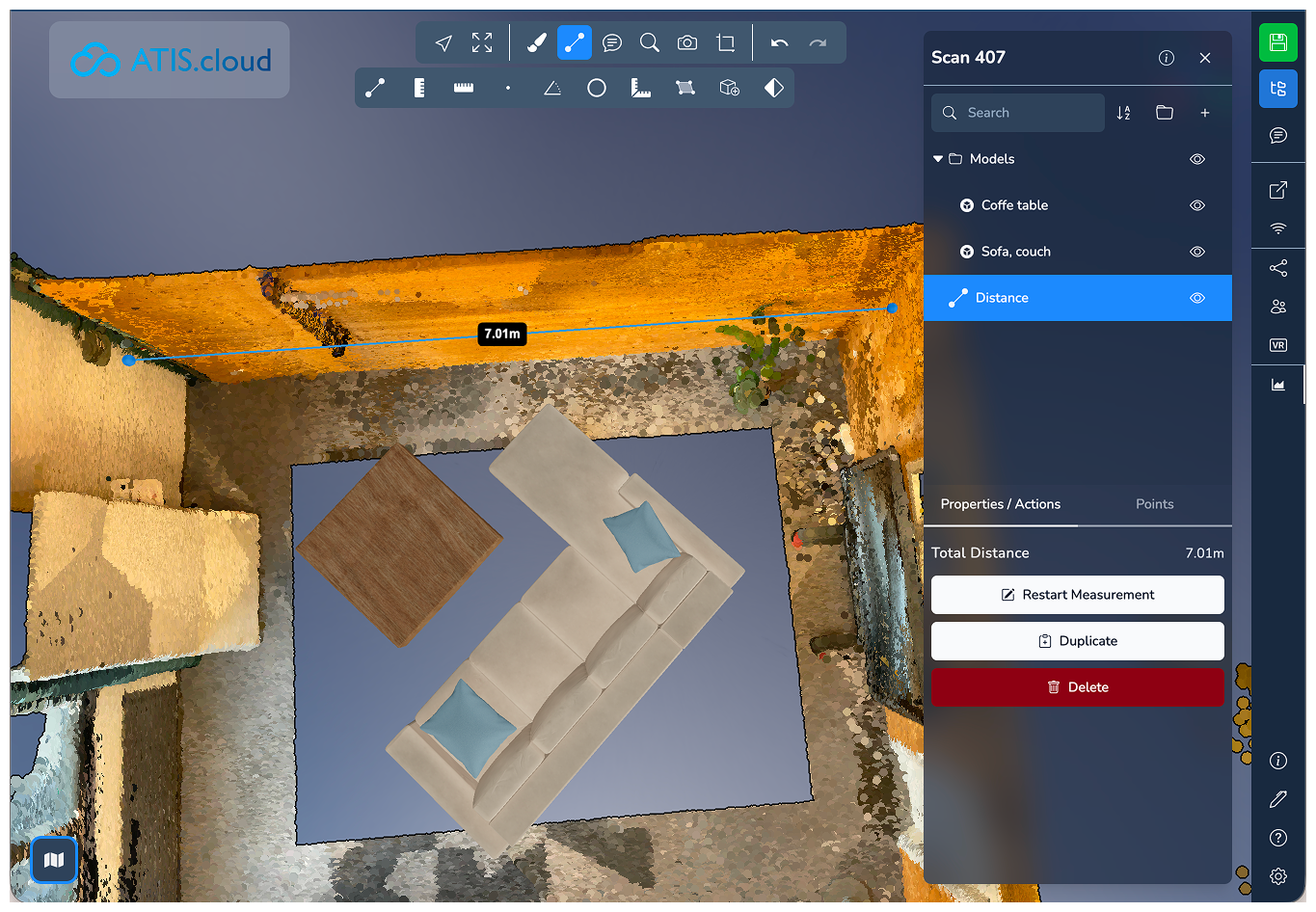 ATIS.cloud 3D viewer showing a distance measurement tool active on a room point cloud scan with sofa and coffee table models placed inside