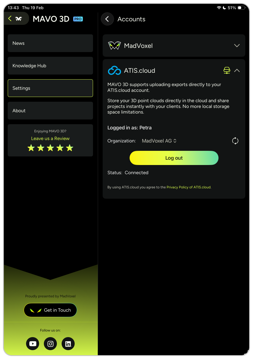 MAVO 3D app showing successful ATIS.cloud connection with logged-in user and organization details