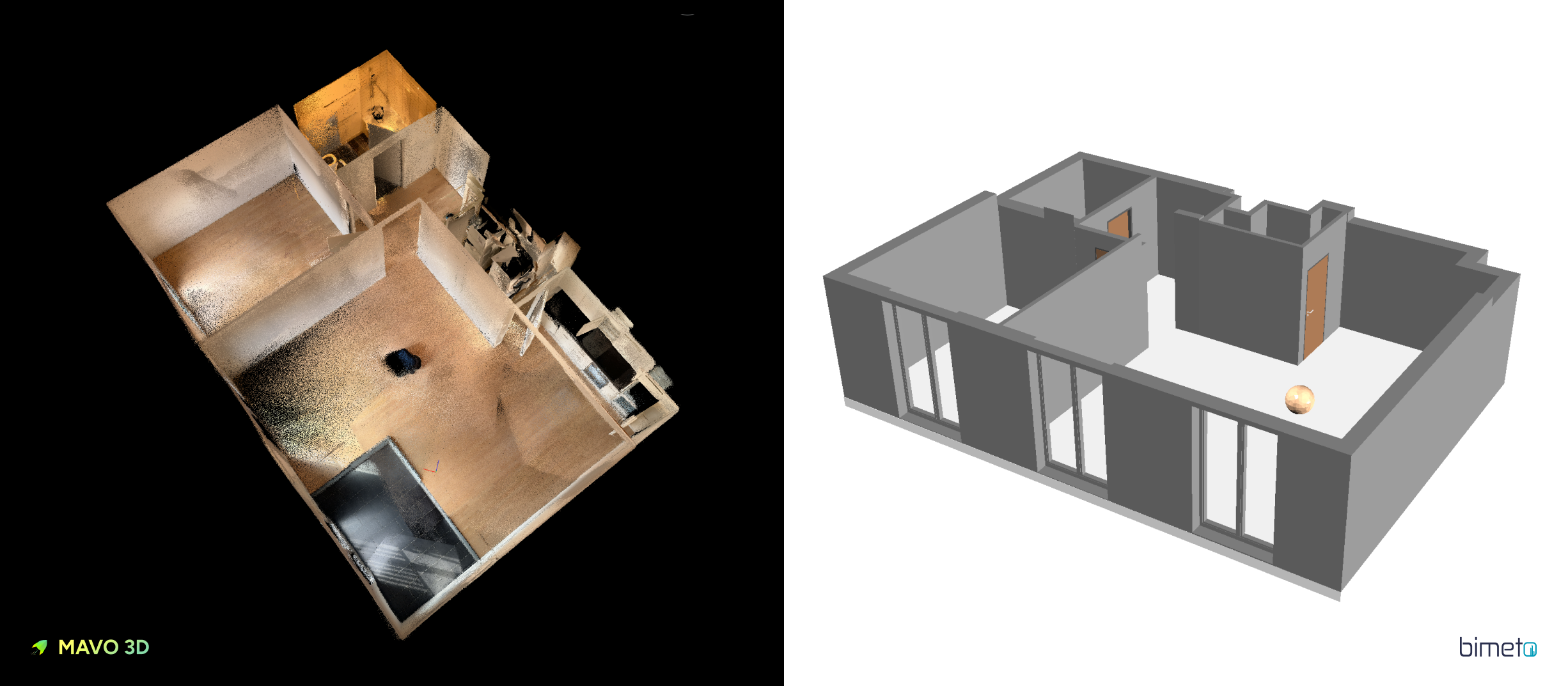 Showcase example for a Scan to BIM conversion from point clouds captured with MAVO 3D and automatically converted into a BIM model with bimeto