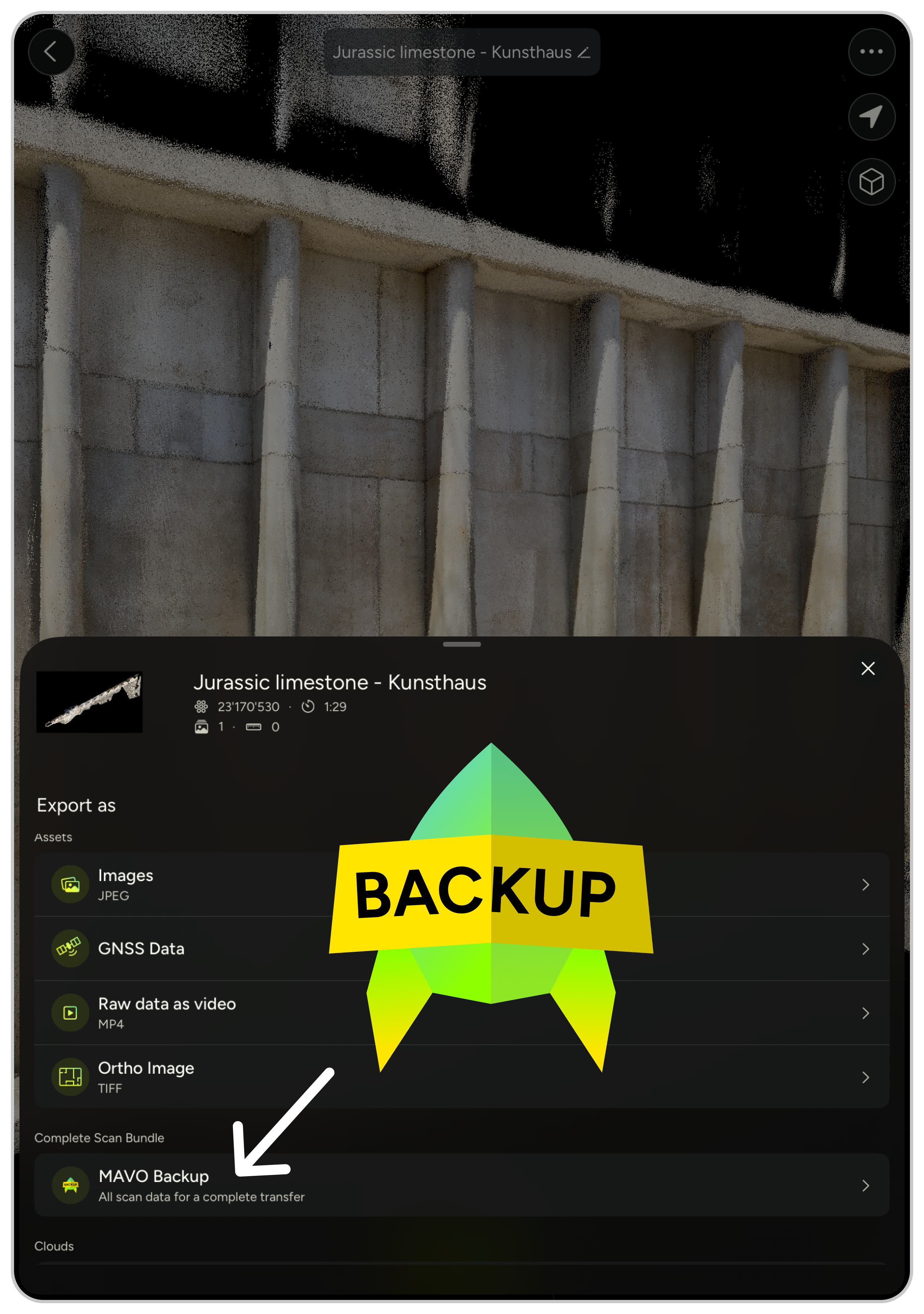MAVO 3D export settings screen showing export options, with MAVO Backup file highlighted
