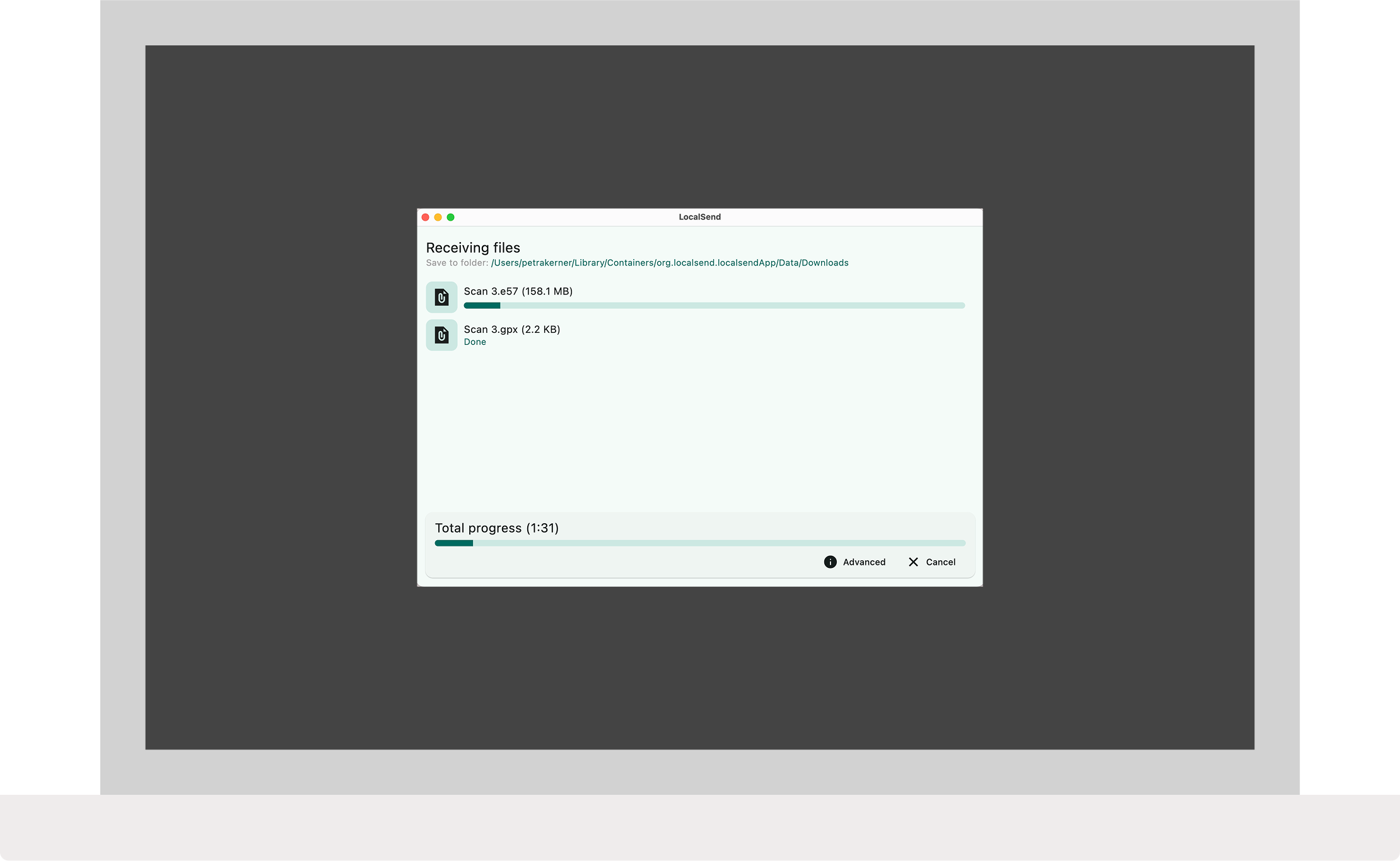 LocalShare app interface showing the transfer progress