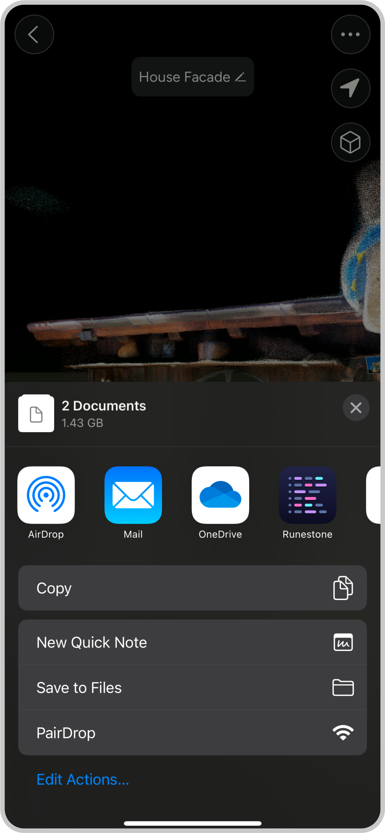MAVO 3D app interface showing the iOS share menu with transfer options