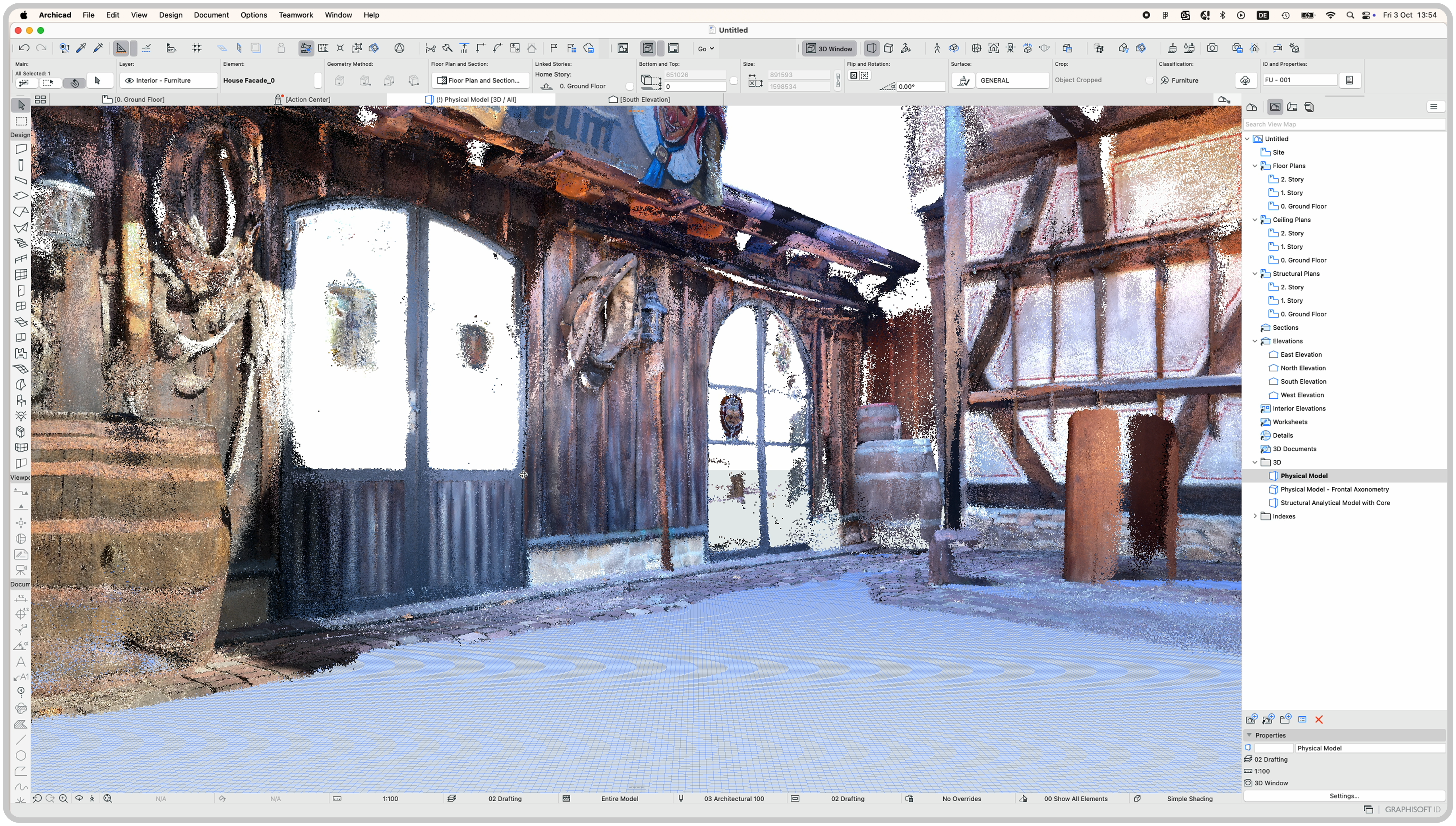 Screenshot of Archicad by Graphisoft Interface showing imported 3D point cloud of a house facade