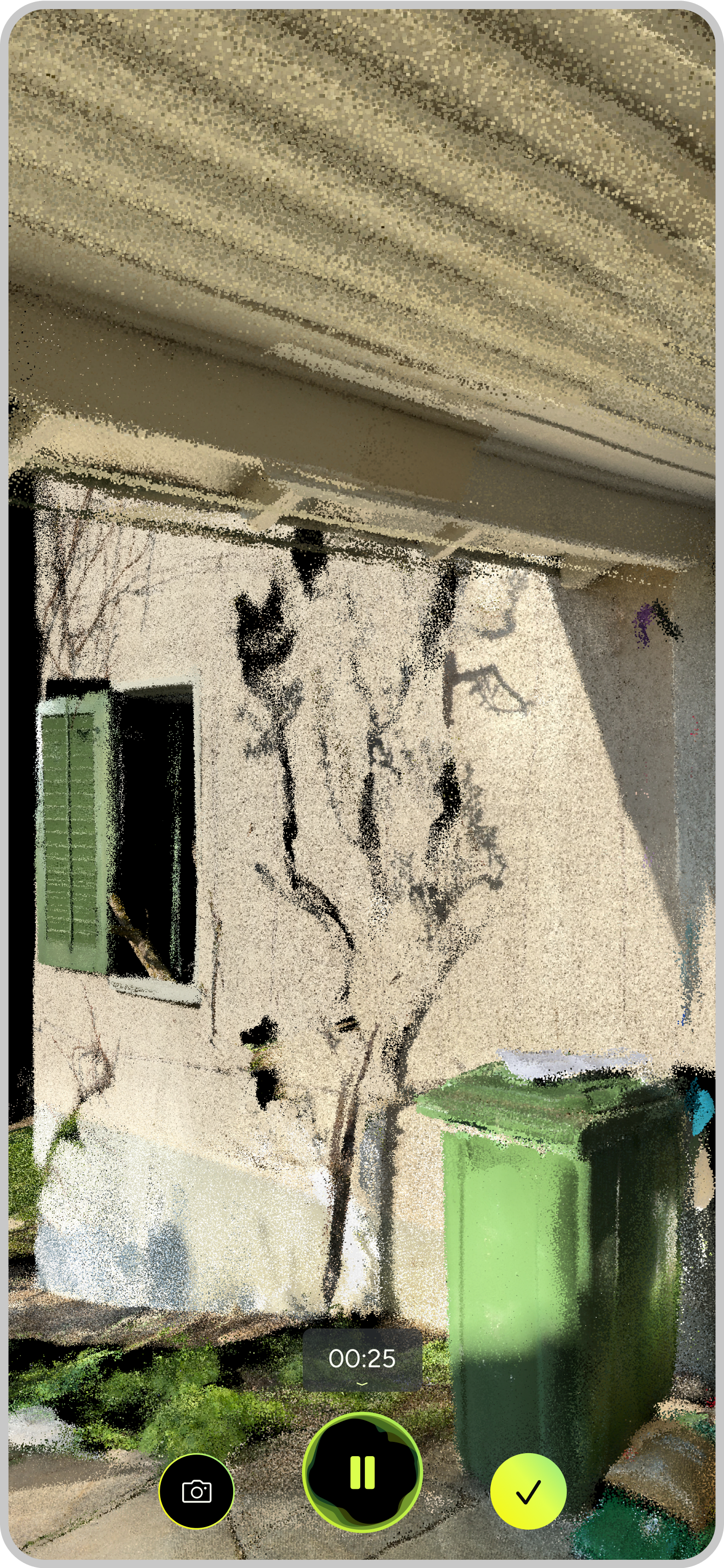 MAVO 3D on a phone showing 3D scanning of a house facade
