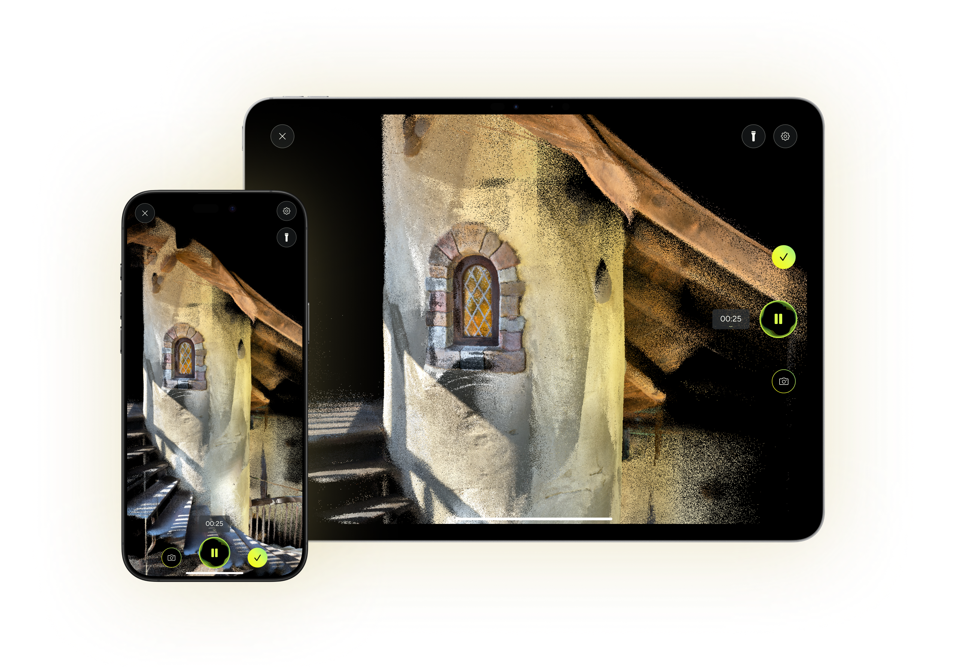 MAVO 3D App shown on iPhone and iPad devices with a large building scan as showcase