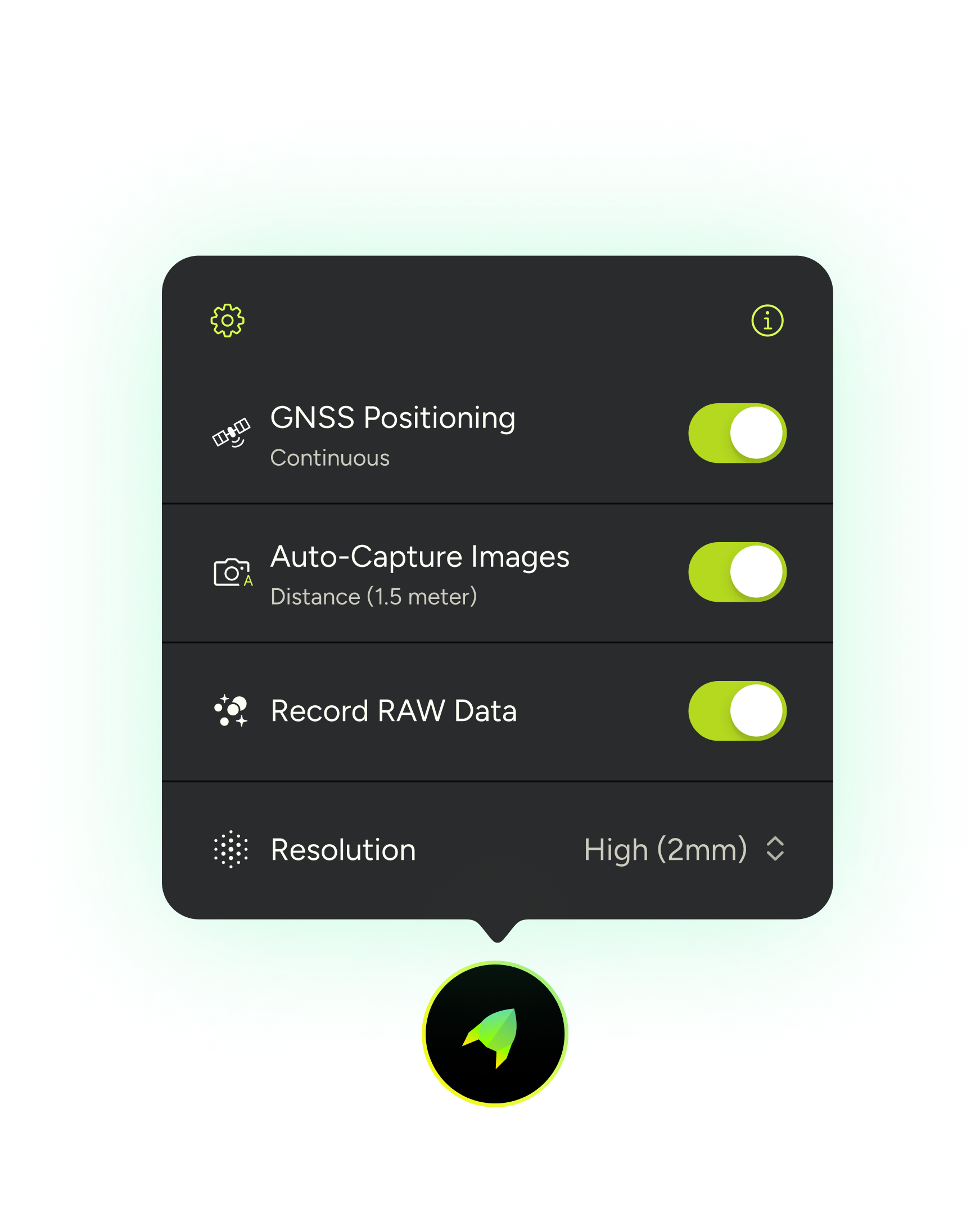 Scan settings - GNSS, capture images, RAW data collection, resolution up to 2mm