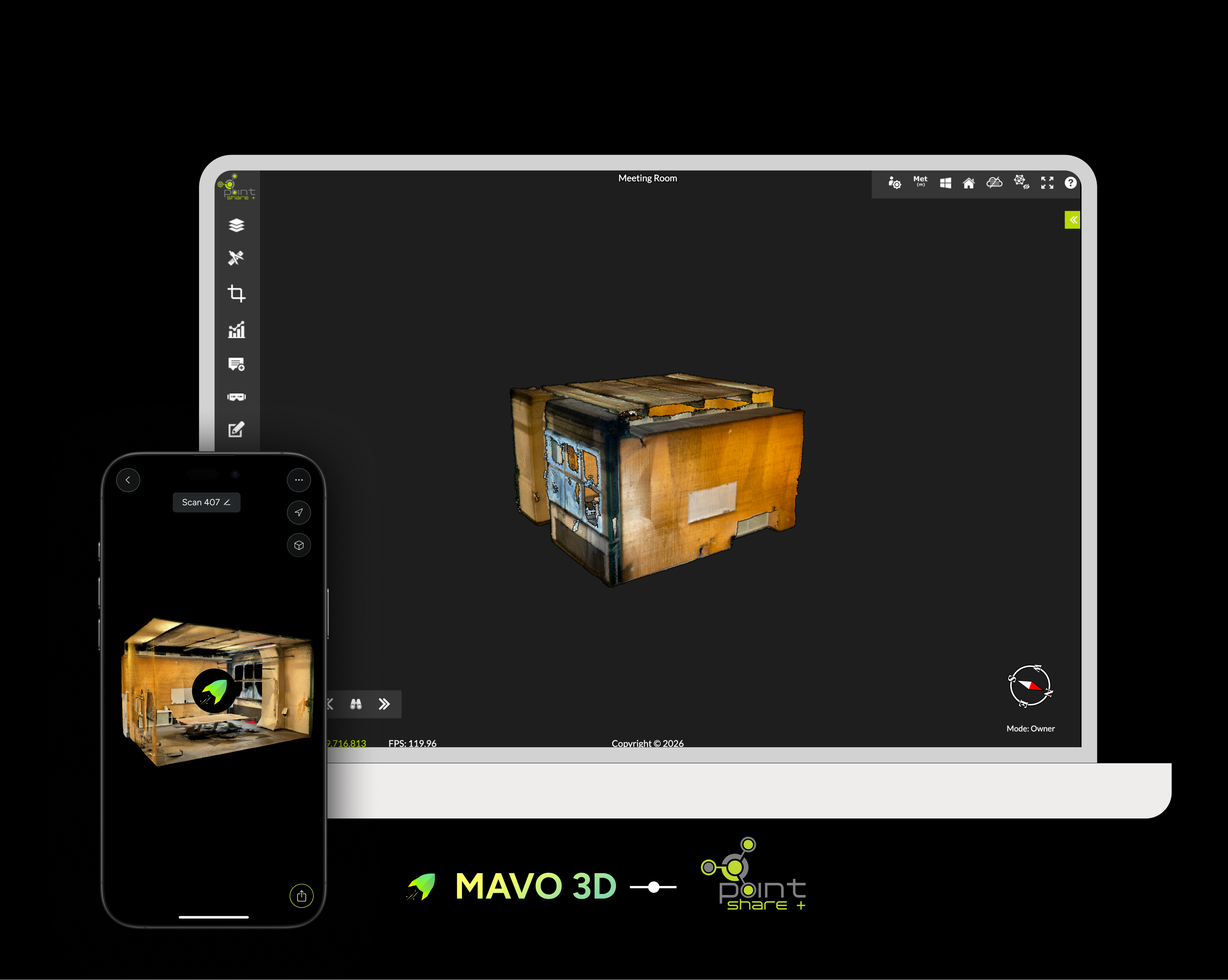 Workflow preview image showcasing API integration from 3D LiDAR scanning with MAVO 3D to upload to Pointorama for efficient floor plan creation