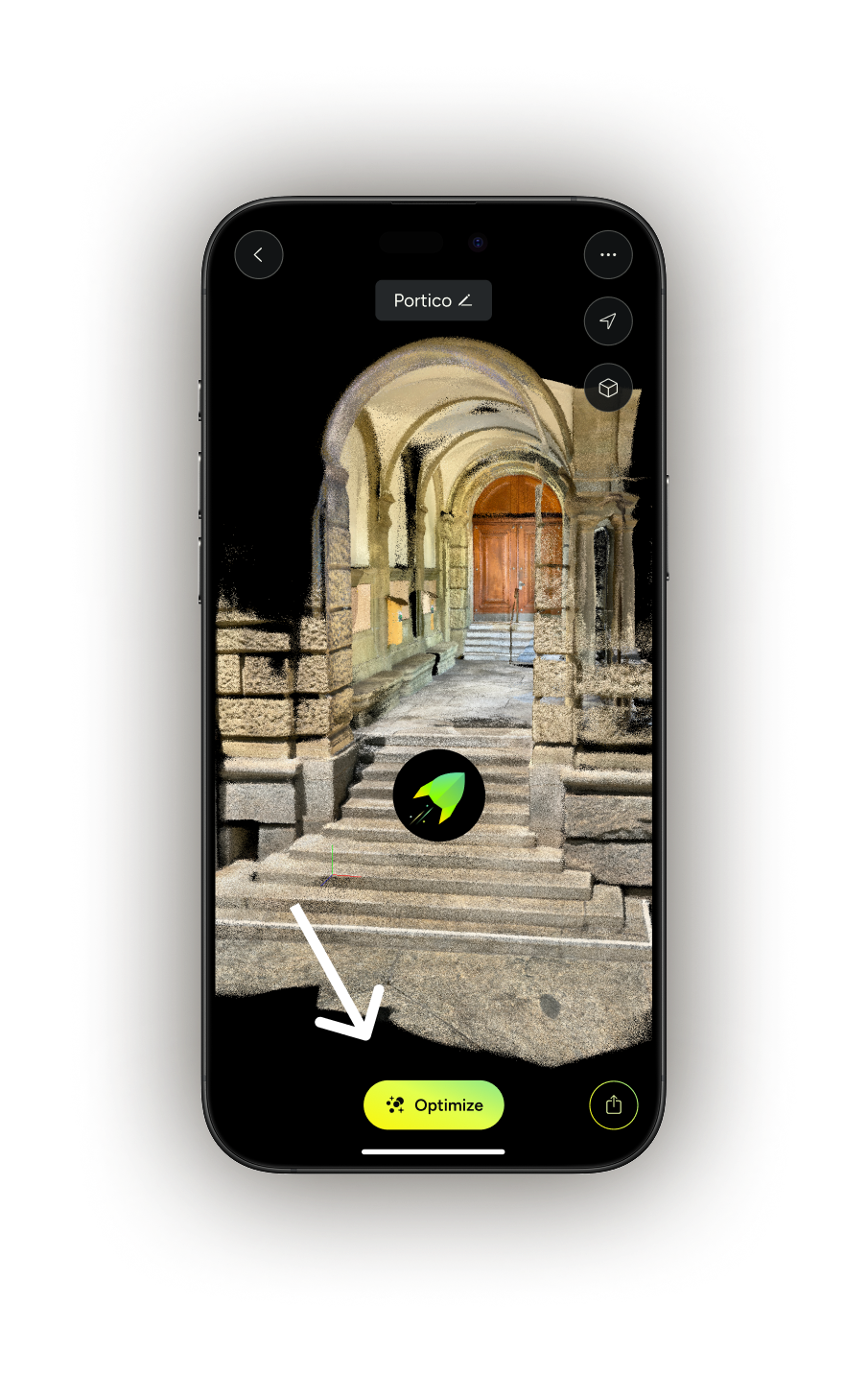 iPhone Pro, showing a point cloud scan created with MAVO 3D reality capture app, highlighting the Optimize button to indicate reoptimization of existing projects with new engine in version 2.0