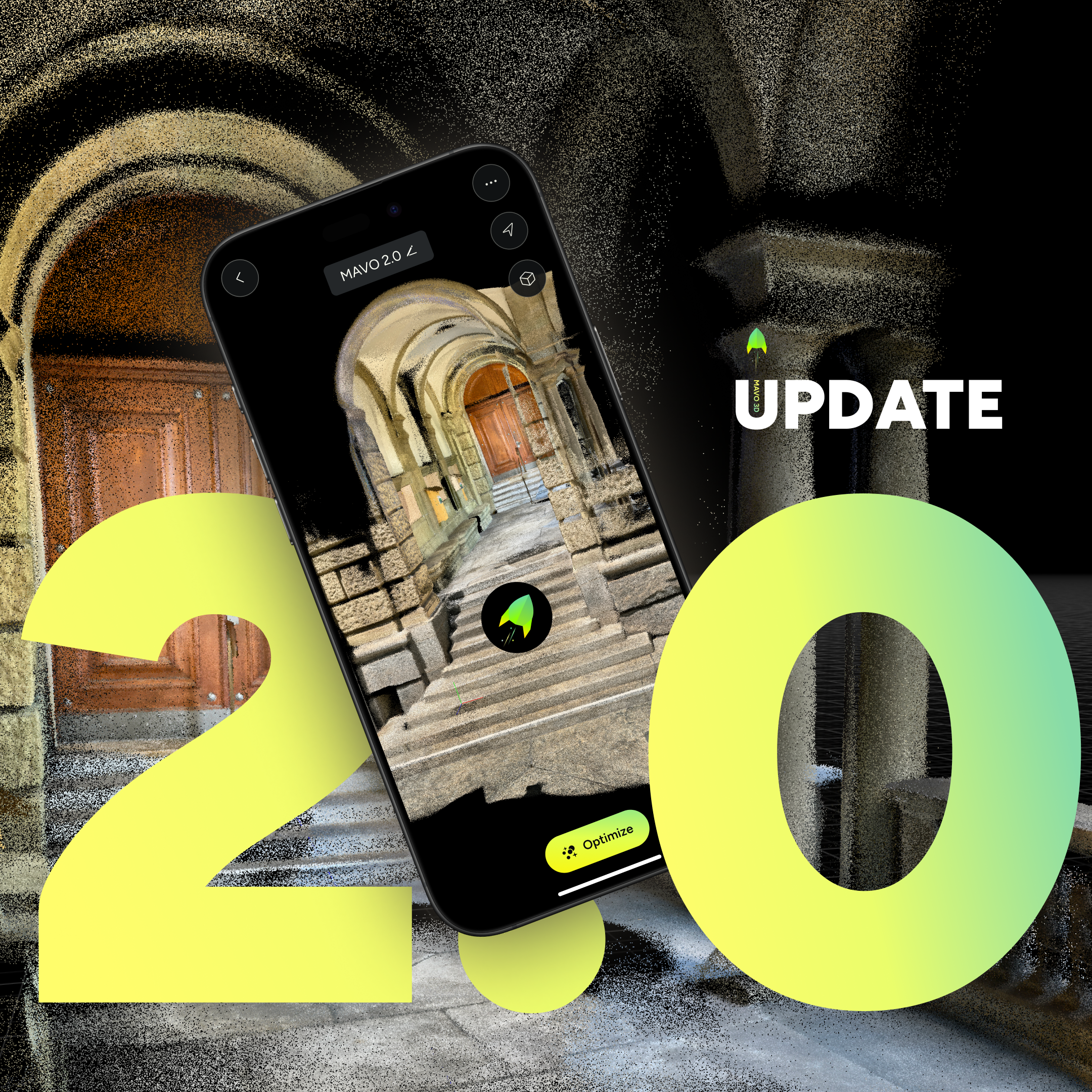 MAVO 3D release note version 2.0, introducing a new optimization pipeline, showcasing a portico scan done with MAVO 3D and optimized with the new engine for accurate drift correction.