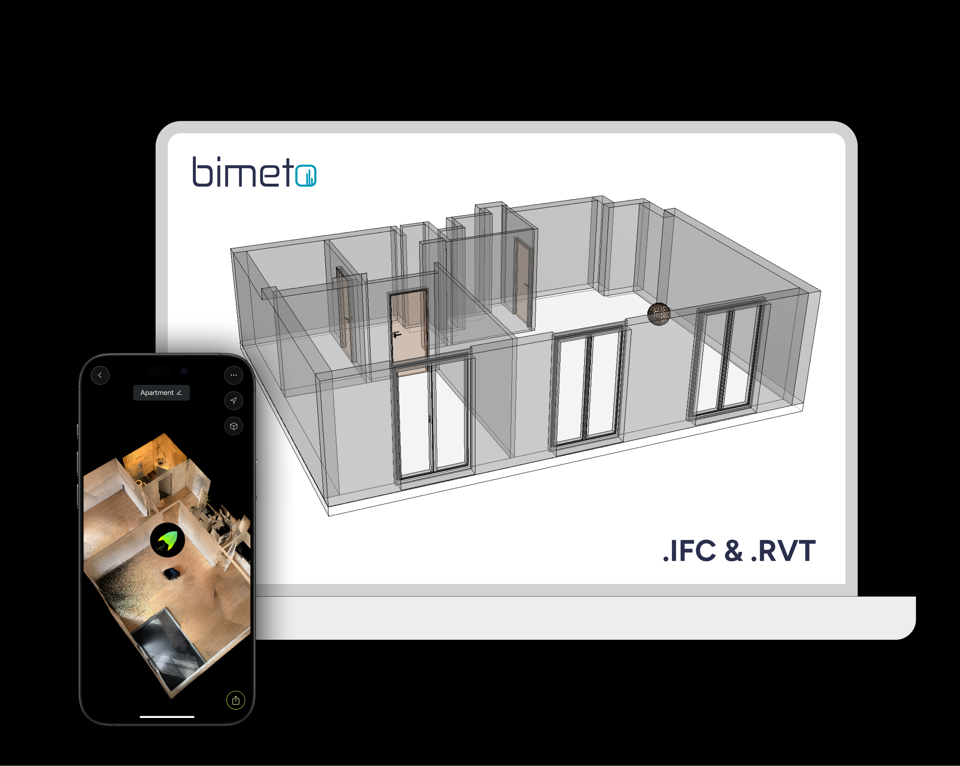 MAVO 3D LiDAR scanning app on iPhone Pro for accurate 3D point cloud capture, connected to bimeto for instant IFC and RVT BIM model generation