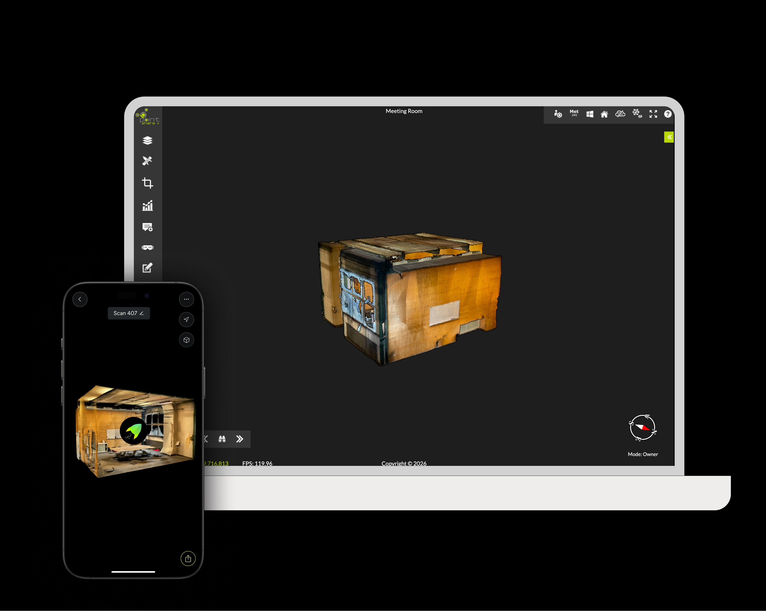MAVO 3D LiDAR scanning app on iPhone Pro for accurate 3D point cloud capture, connected to Point Share Plus for uploading and storing point clouds in a dedicated cloud platform.